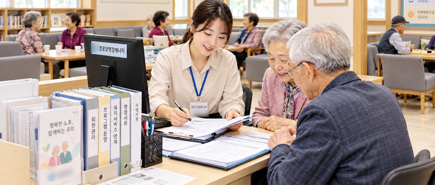 경로당 행정 창구에서 서류를 정리하며 어르신과 상담하는 모습